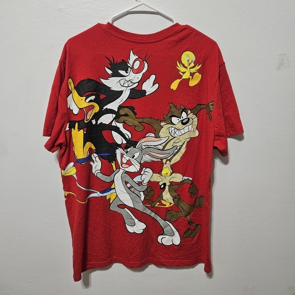 Y2K Vintage Looney Tunes AOP Red Graphic T-shirt Tweety Bugs Bunny Sylvester Taz - Picture 2 of 5